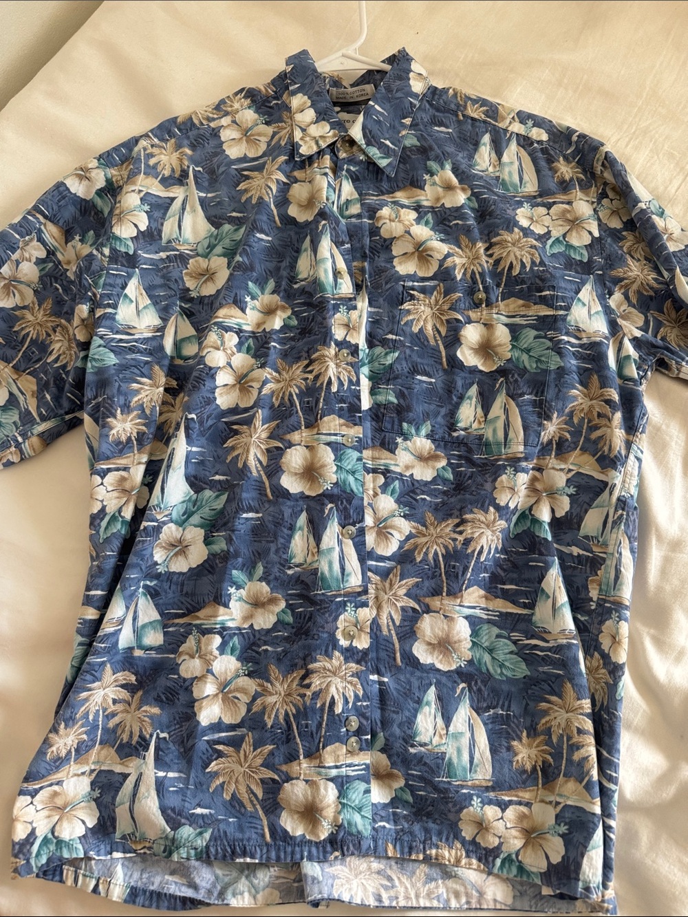 Pierre Cardin Blue Sailboat & Hibiscus Short-Sleeve Button-Down Shirt